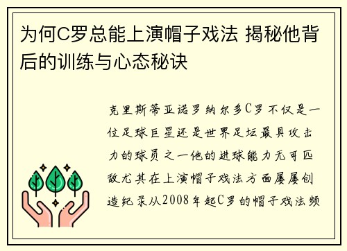为何C罗总能上演帽子戏法 揭秘他背后的训练与心态秘诀